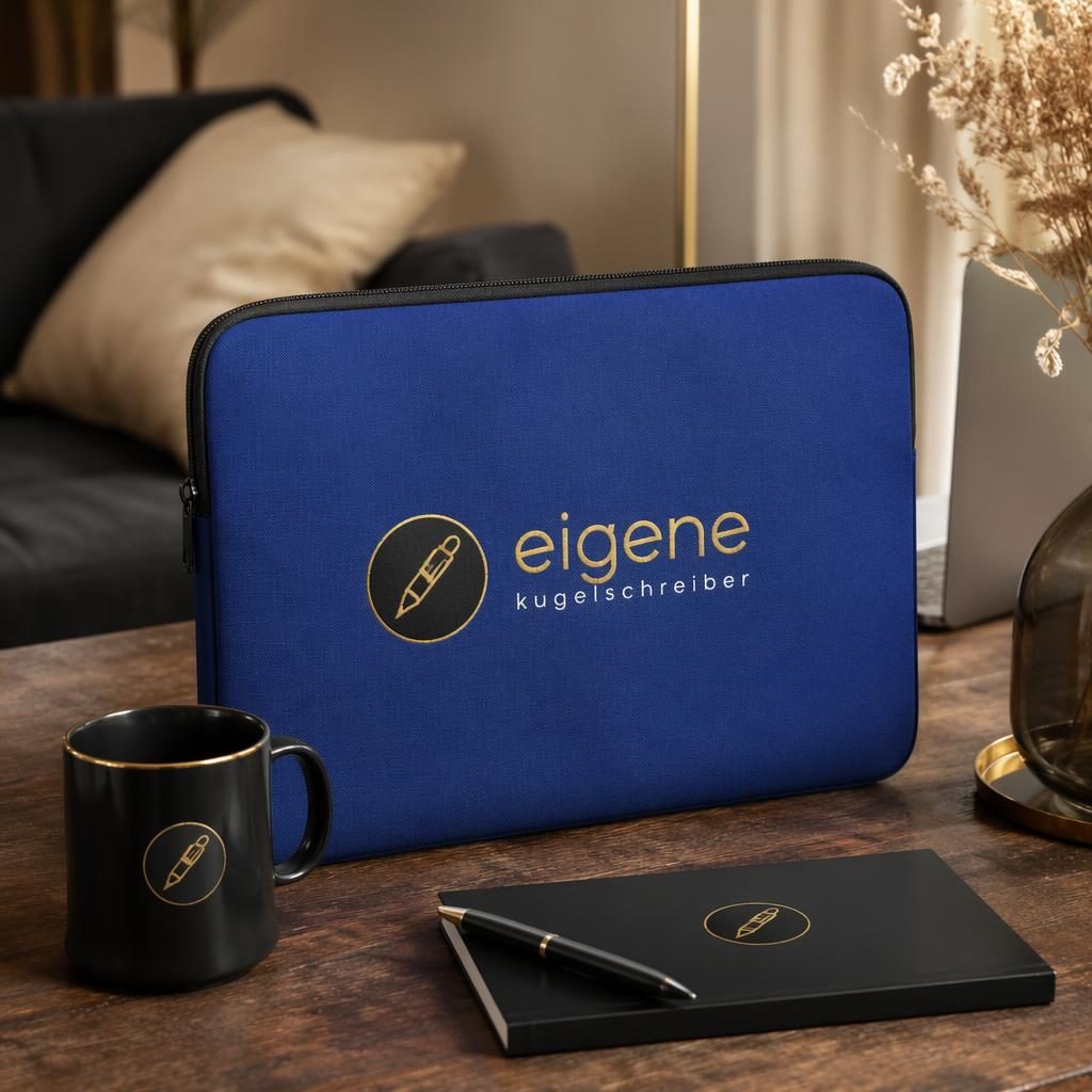 Fotorealistisches Mockup einer royalblauen Laptop-Hülle mit eigene kugelschreiber Logo im cozy Home-Setting