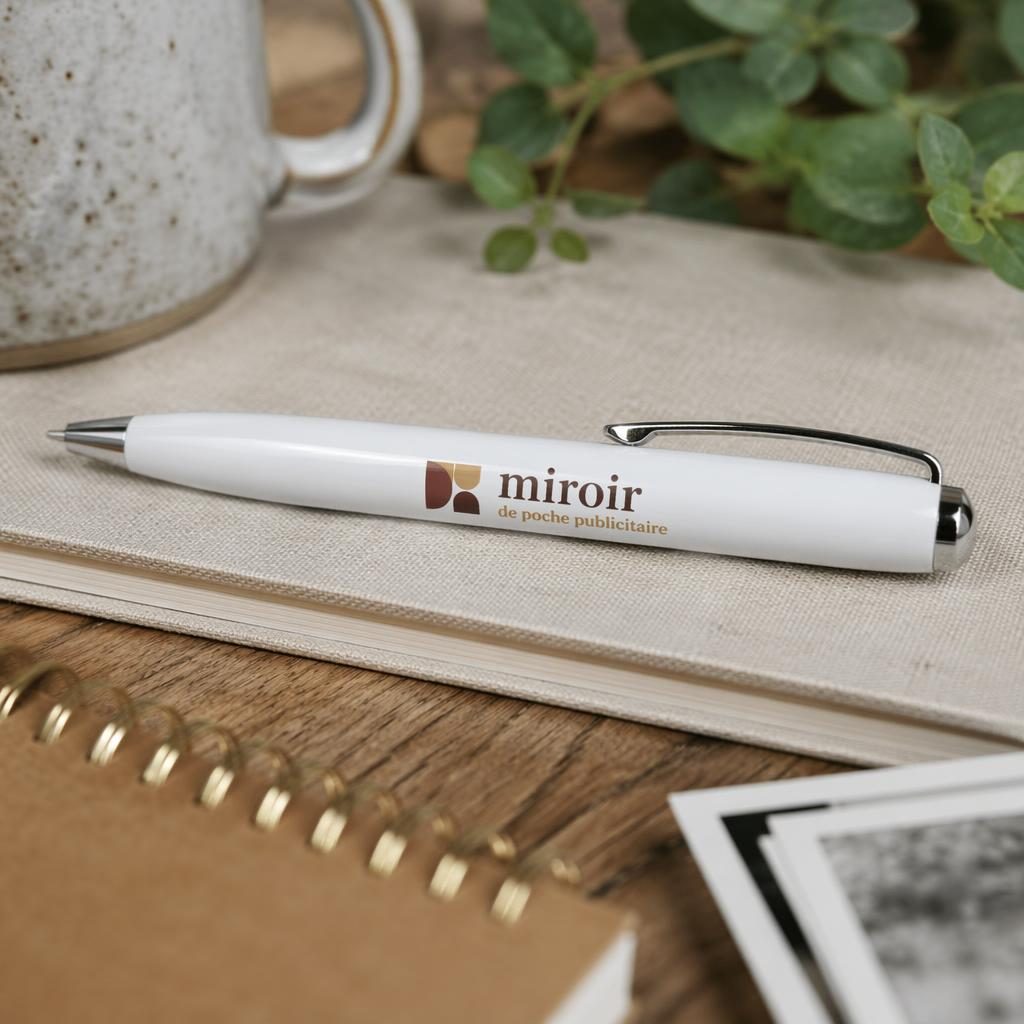 Stylo blanc en mockup photo réaliste sur bureau lifestyle, avec logo générique en palette terre chaude.