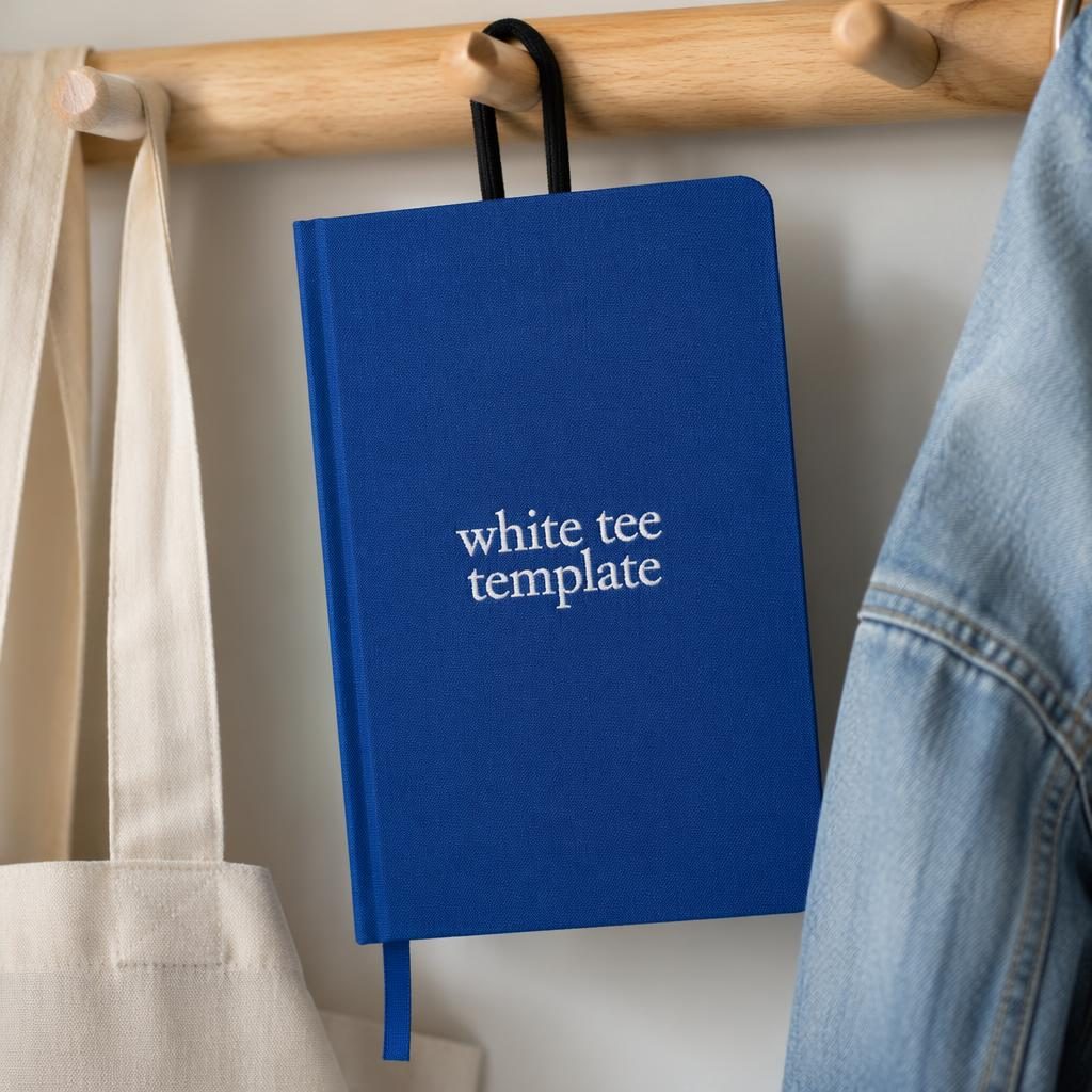 Royal blue notebook mockup hanging on a rack with a white tee template logo in white, shot in a clean studio setting.