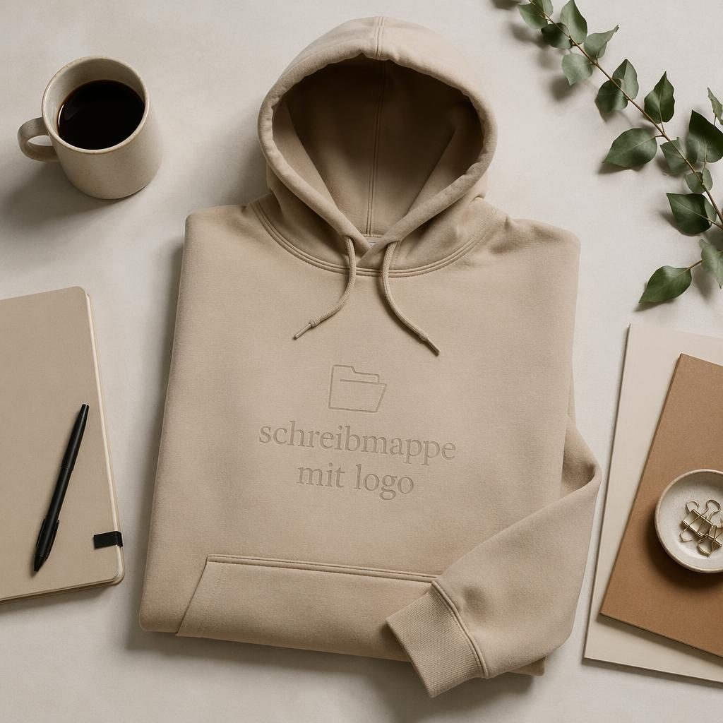 Beiger Hoodie im Studio-Flat-Lay mit dezentem Ton-in-Ton-Print schreibmappe mit logo, scharfe Stoffstruktur