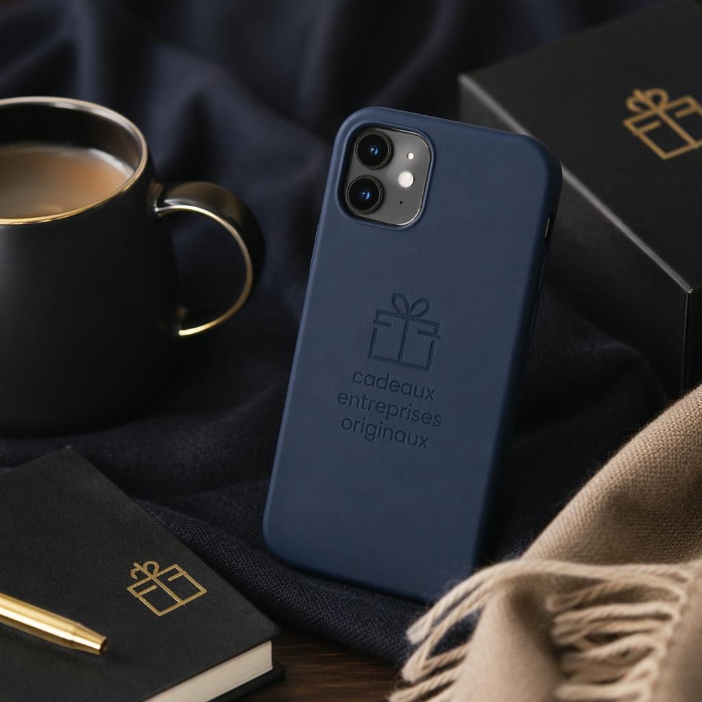 Mockup photo réaliste d’une coque de téléphone bleu marine, logo ton sur ton, ambiance maison cosy noir et or.