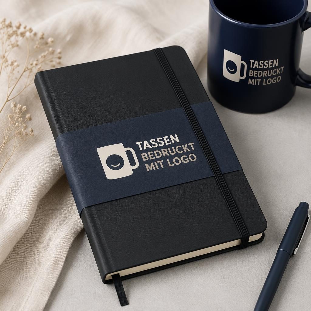 Schwarzes Notizbuch als gefalteter Mockup-Stapel mit navy-cremefarbenem Logo im Studio, scharf und realistisch