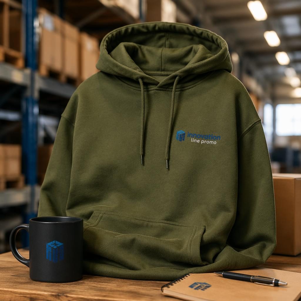 Photo-real olive green hoodie mockup with embroidered innovation line promo logo in a warehouse-style studio setting.