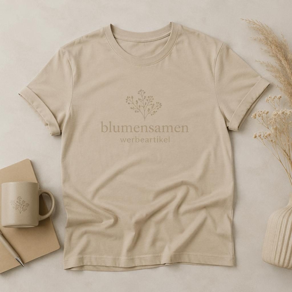 Sandbeiges T-Shirt im Studio-Flatlay mit dezent tonigem blumensamen werbeartikel Logo und sichtbarer Stoffstruktur