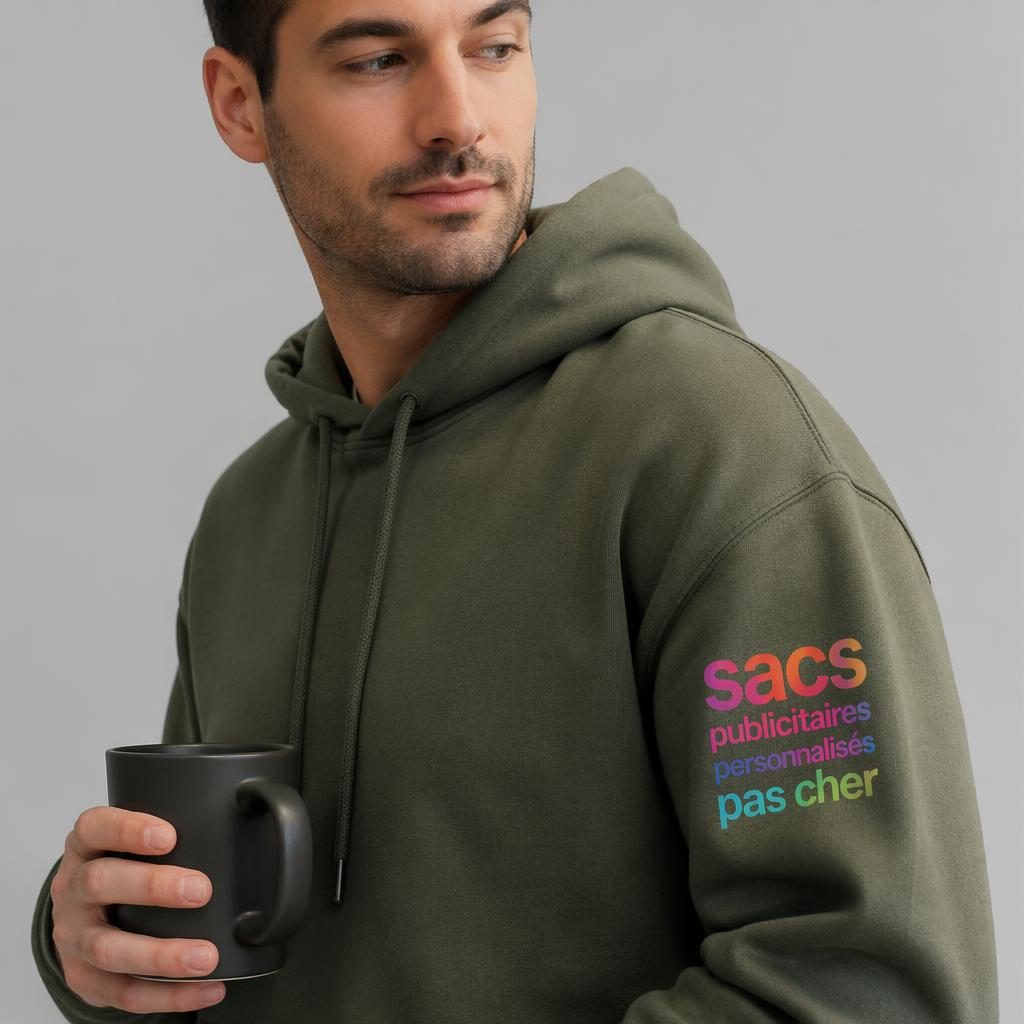 Mockup photo réaliste d’un hoodie vert olive porté par un modèle, avec logo dégradé imprimé sur la manche en studio