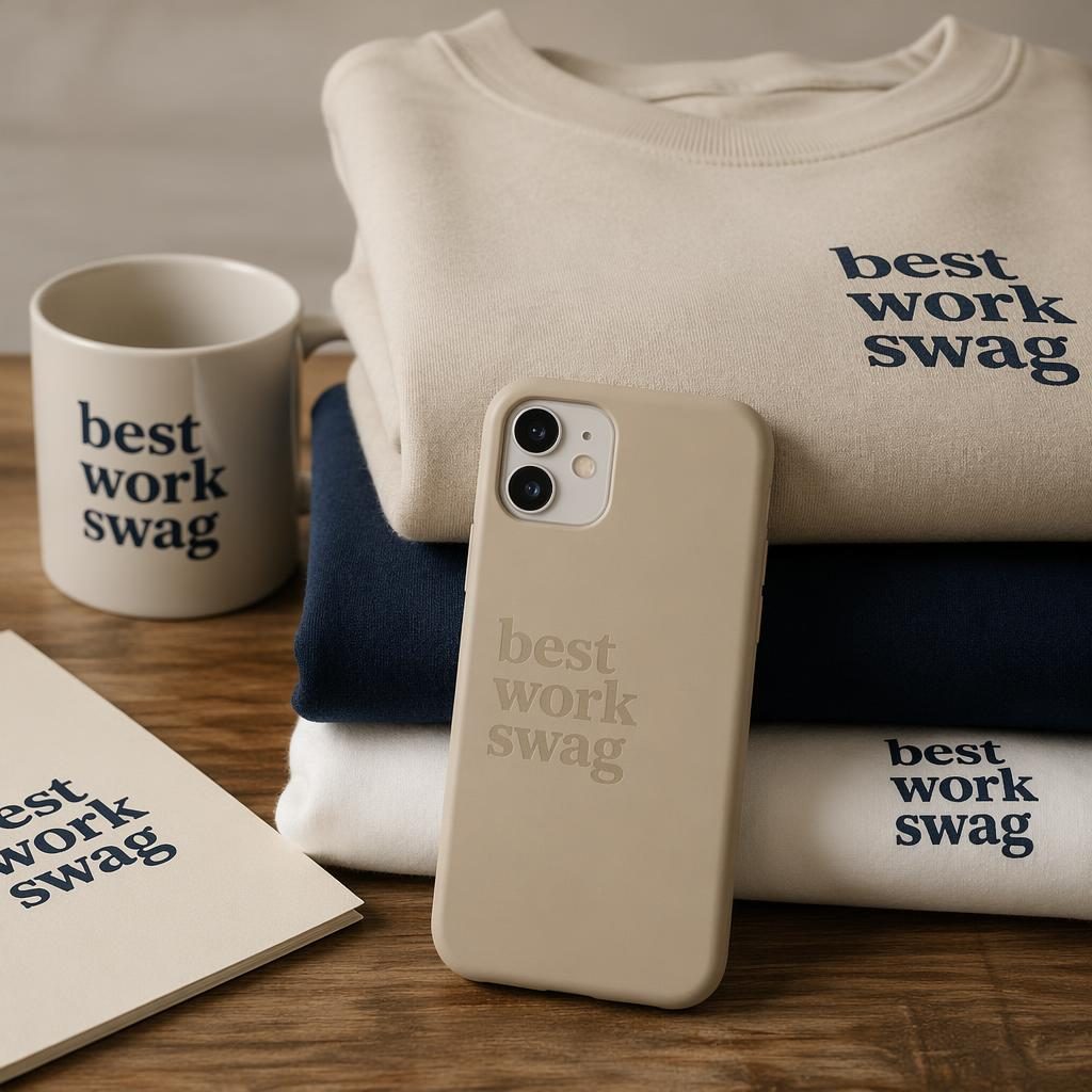 Photo-real beige sand phone case mockup in a folded stack with subtle tone-on-tone best work swag logo.