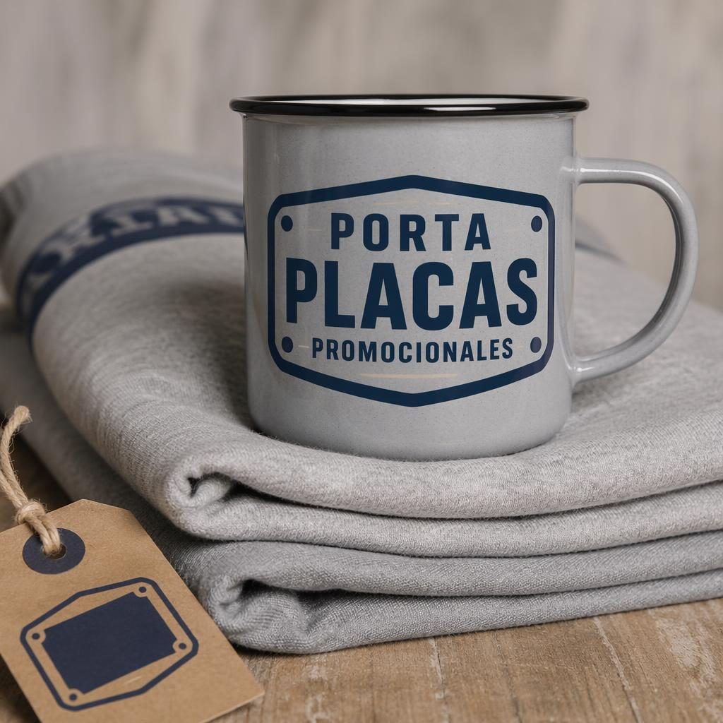 Taza esmaltada gris jaspeado con logo porta placas promocionales en impresión grande, estilo mockup de estudio.