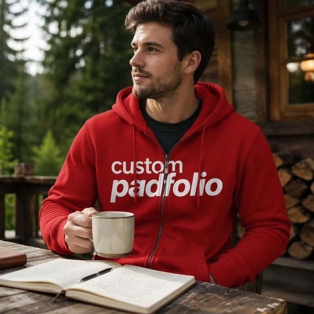 Photo-real red zip-up hoodie mockup outdoors with large white custom padfolio logo on the front.