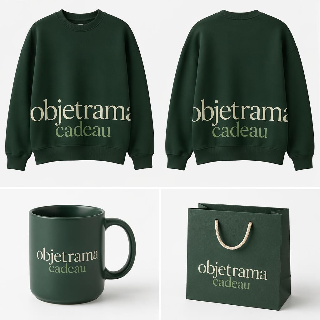 Sweat col rond vert forêt sur fond blanc, logo objetrama cadeau en impression circulaire, rendu studio net et minimaliste.