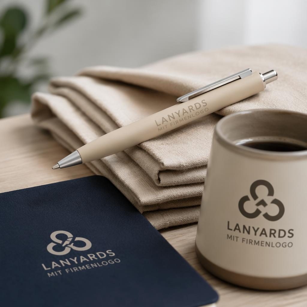Fotorealistischer beiger Sand Pen als Produkt-Mockup mit dezentem Ton-in-Ton-Logo im Studio