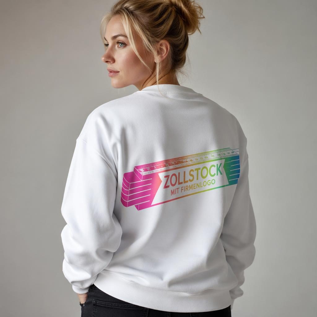 Model trägt weißes Sweatshirt mit umlaufendem, buntem Logo-Print im Studio, scharf und fotorealistisch inszeniert
