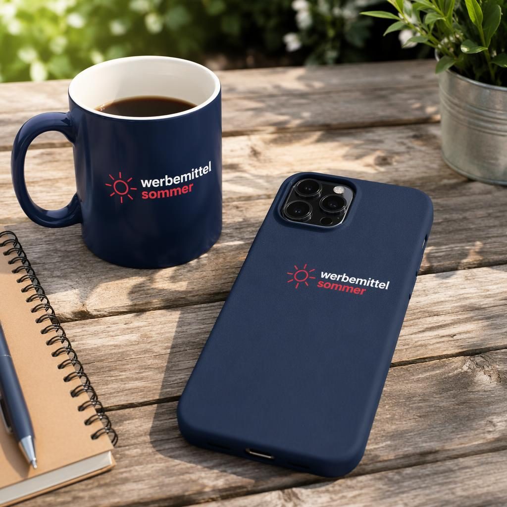 Fotorealistisches Mockup einer navy Handyhülle im Outdoor-Lifestyle-Stil mit kleinem werbemittel sommer Logo.