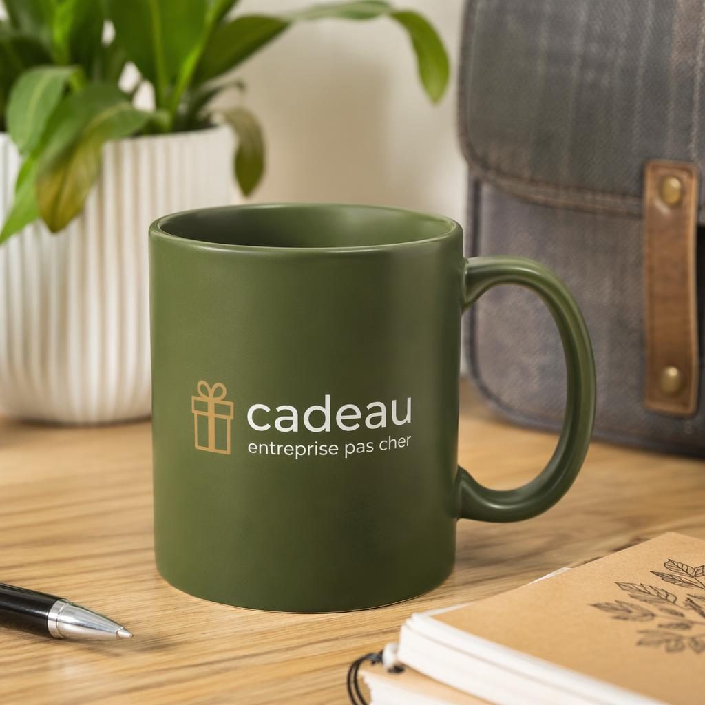 Mockup photo réaliste d’un mug vert olive sur un bureau, avec logo générique imprimé, ambiance lifestyle aux tons terre