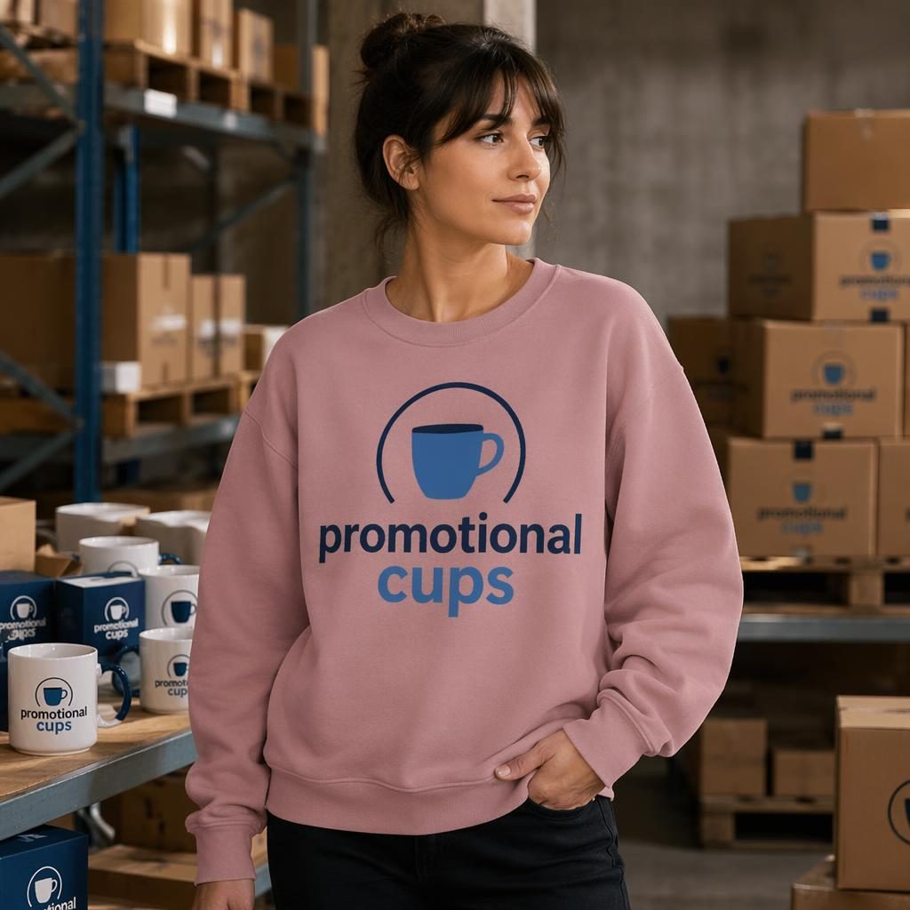 Dusty pink crewneck mockup with large promotional cups logo, styled in an industrial warehouse studio with sharp fabric detail.