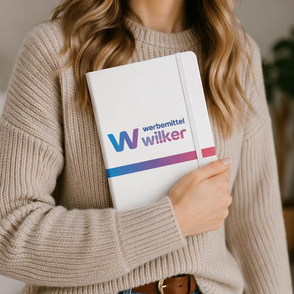 Weißes Notizbuch mit umlaufendem werbemittel wilker Logo, fotorealistisches Studio-Mockup mit scharfer Papierstruktur