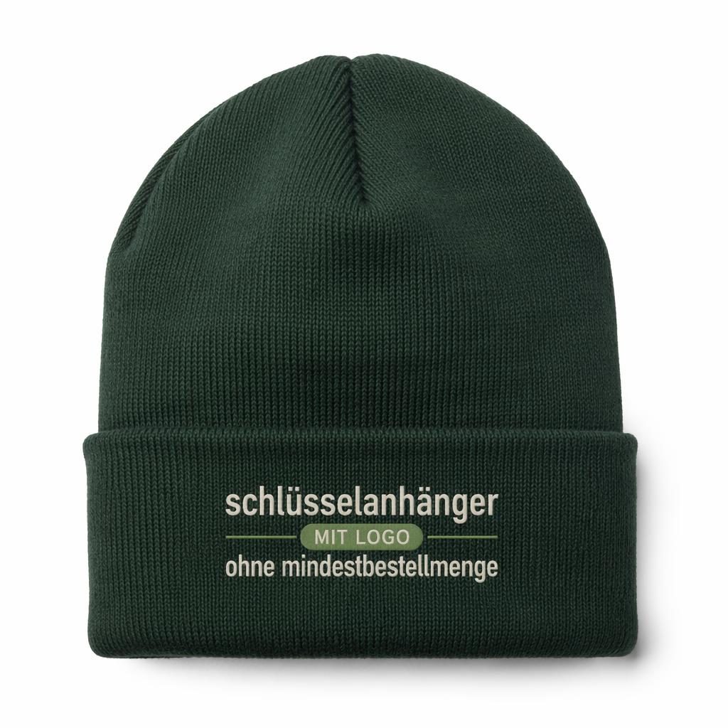 Waldgrüne Beanie als fotorealistisches Mockup vor weißem Hintergrund mit zentriertem Typo-Logo in Salbei und Elfenbein