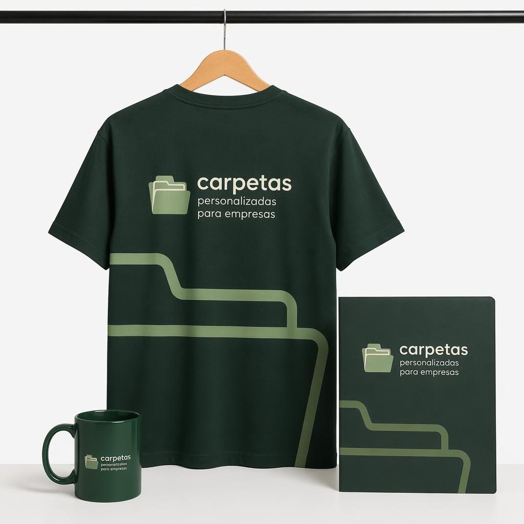 Camiseta verde bosque en mockup fotográfico sobre fondo blanco, con logo envolvente en tonos salvia y marfil.