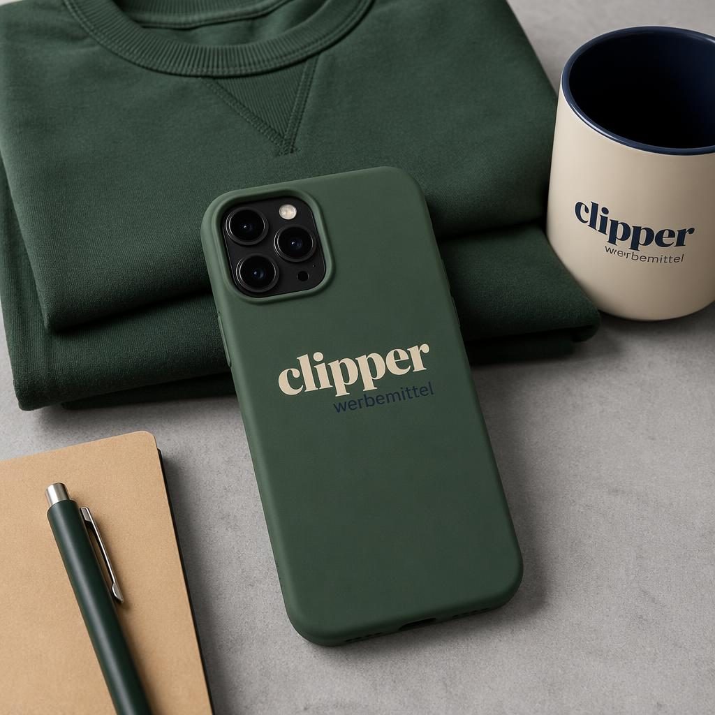 Fotorealistisches Mockup einer waldgrünen Handyhülle mit clipper werbemittel Logo, studioartig aufgenommen