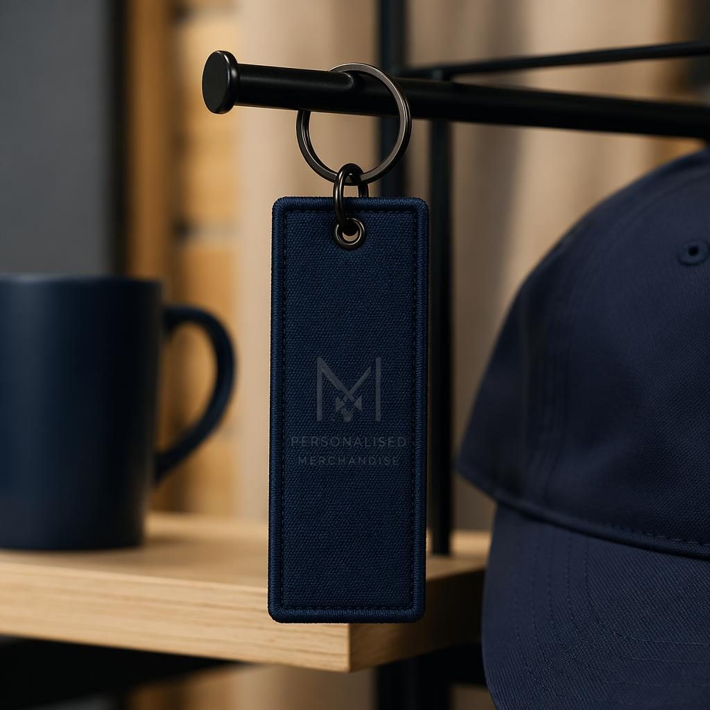 Photo-real navy keychain mockup hanging on a rack with a subtle tone-on-tone personalised merchandise logo.