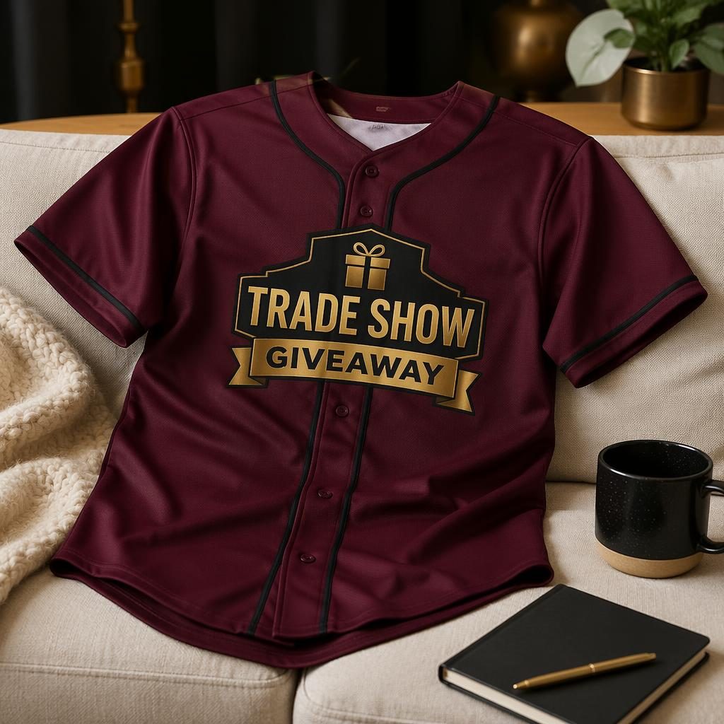 Photo-real burgundy baseball jersey mockup with centered trade show giveaway logo in a cozy home setting