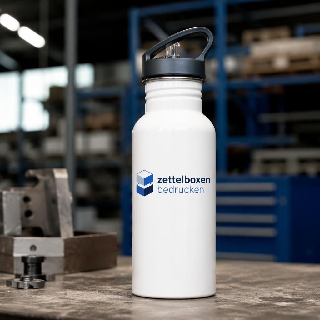 Weiße Wasserflasche mit zettelboxen bedrucken Logo in Industrial-Umgebung, fotorealistischer Merch-Mockup