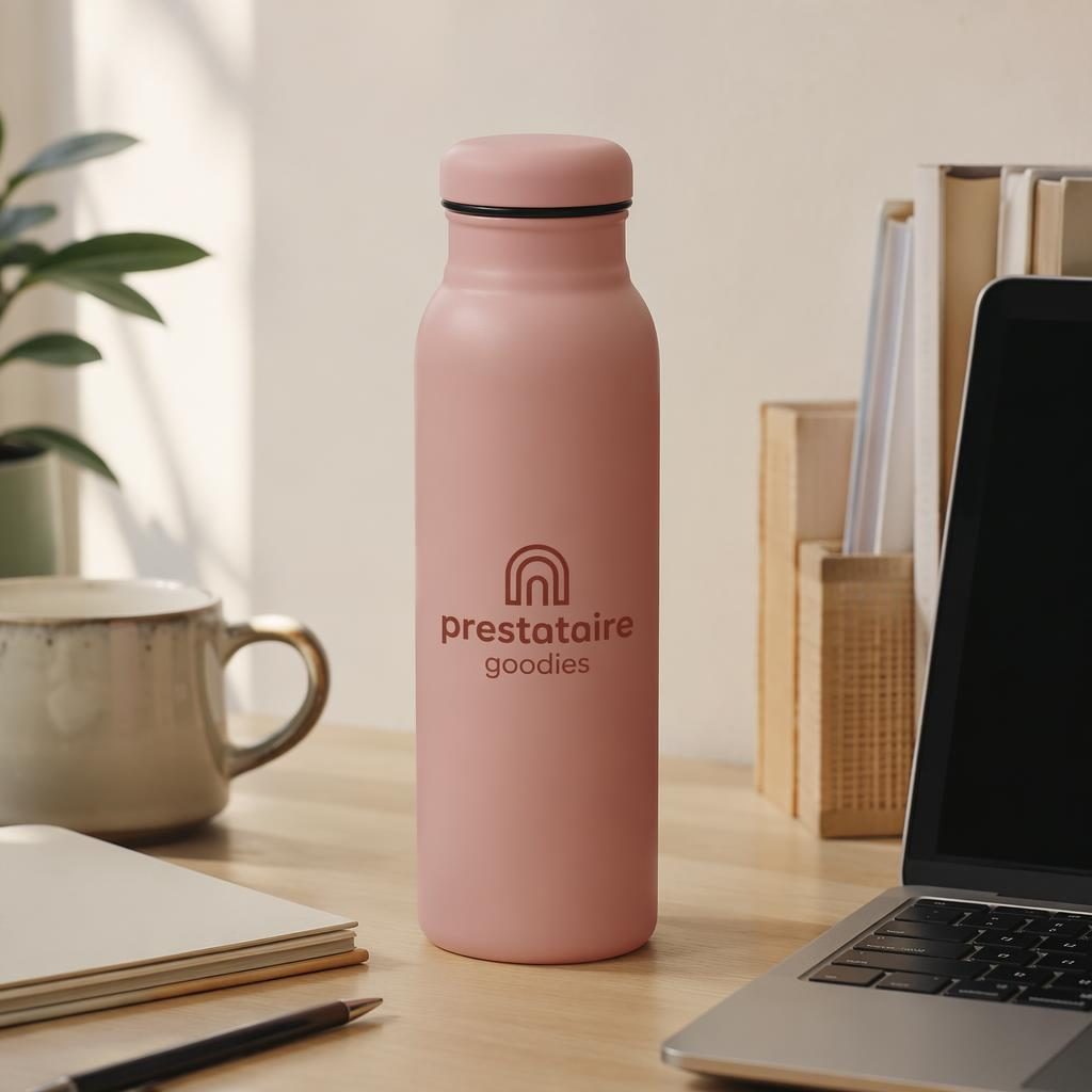 Gourde rose poudré avec logo prestataire goodies, posée sur un bureau lifestyle aux tons terre, photo studio nette.