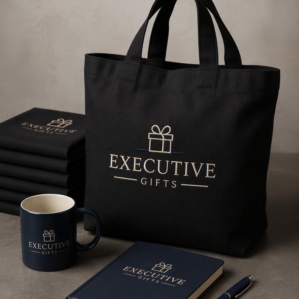 Black tote bags in a folded stack with a navy and cream executive gifts logo, shown in sharp studio lighting.