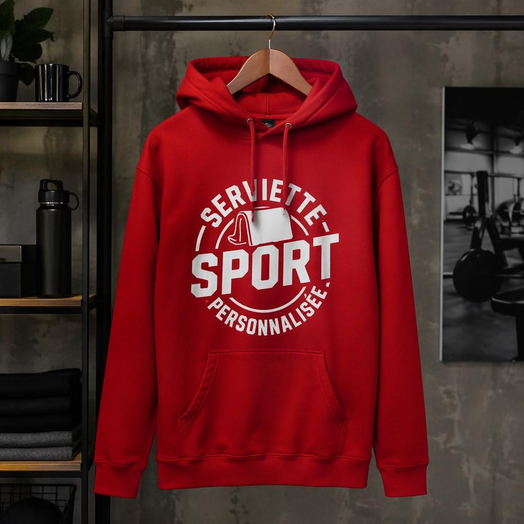 Hoodie rouge classique suspendu sur un portant, avec grand logo générique serviette sport personnalisée en studio