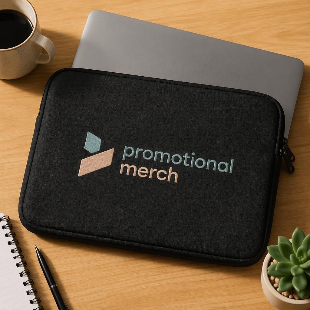 Studio flat lay of a black laptop sleeve mockup with generic promotional merch embroidery and a soft pastel logo palette.