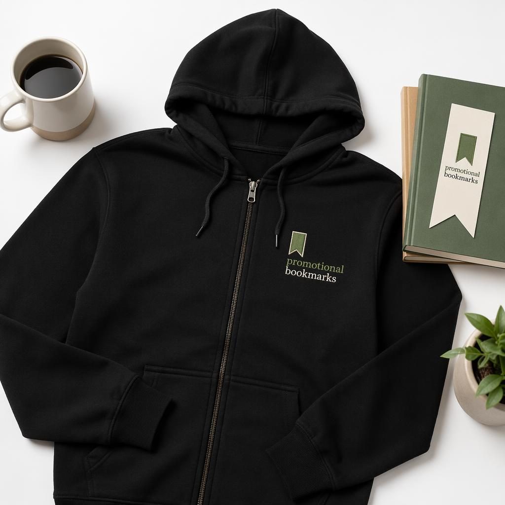Black zip-up hoodie mockup on a white background with a sage and ivory embroidered promotional bookmarks logo.
