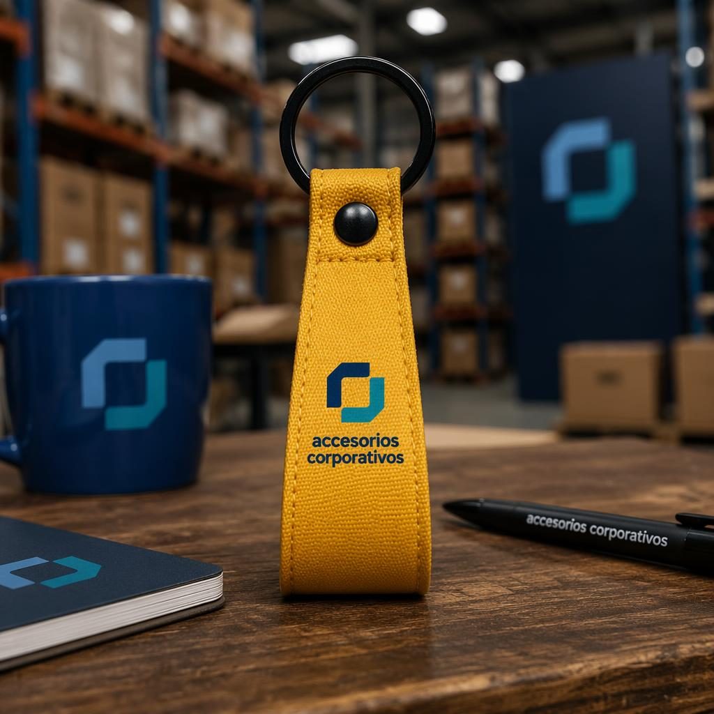 Llavero amarillo mostaza en mockup fotorrealista con estilo industrial y branding de accesorios corporativos