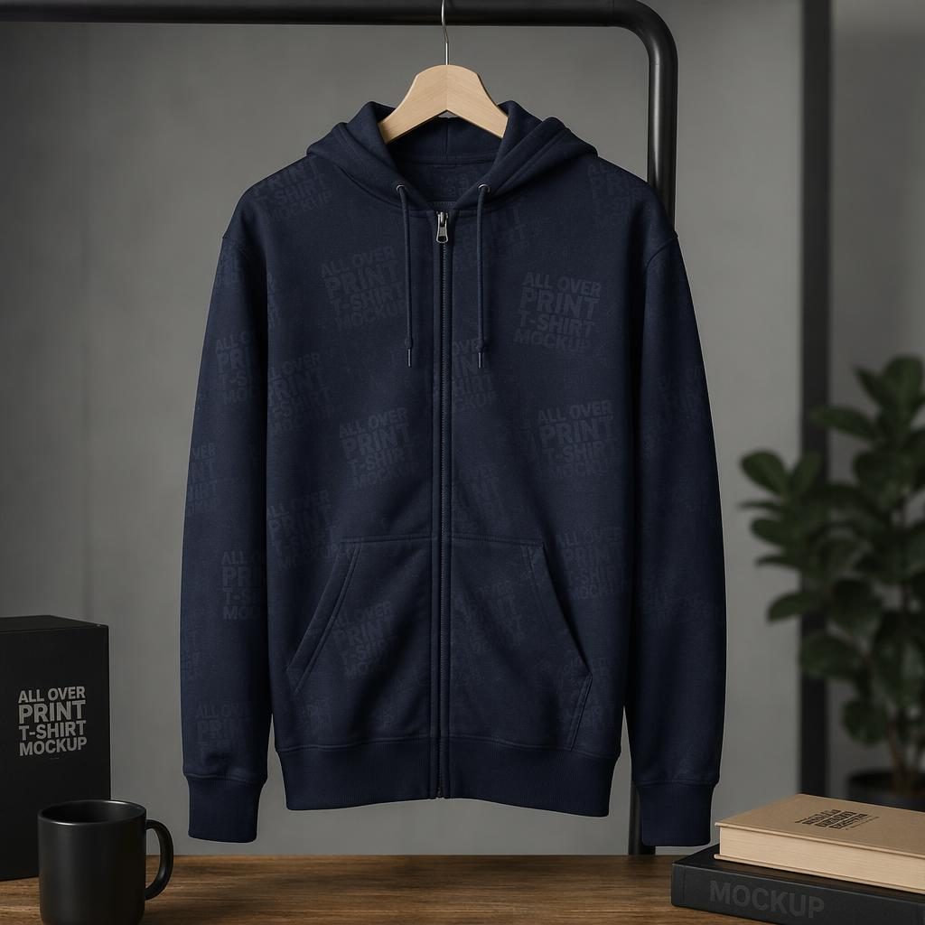 Photo-real navy zip-up hoodie hanging on a rack with a subtle tone-on-tone all over print t shirt mockup logo.