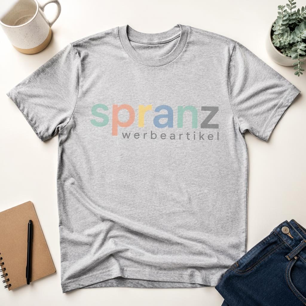 Heather-graues T-Shirt als Studio-Flatlay mit großem spranz werbeartikel Logo in sanften Pastelltönen