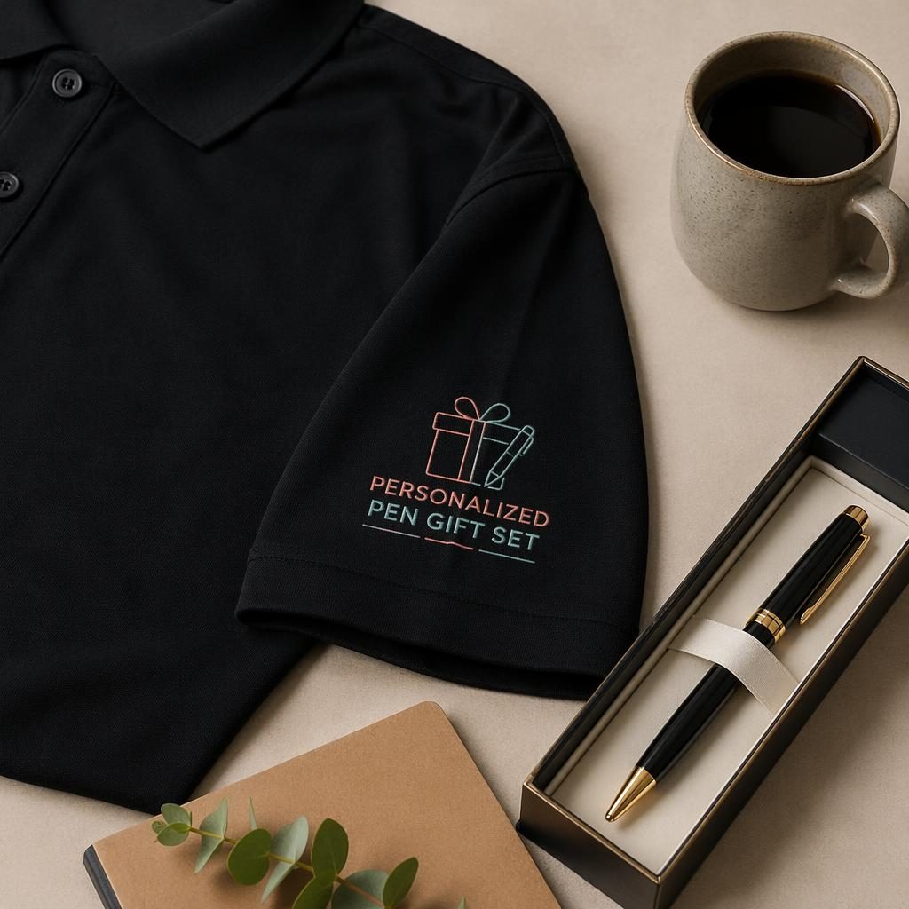Studio flat lay of a black polo shirt mockup with personalized pen gift set logo on the sleeve in soft pastel tones.