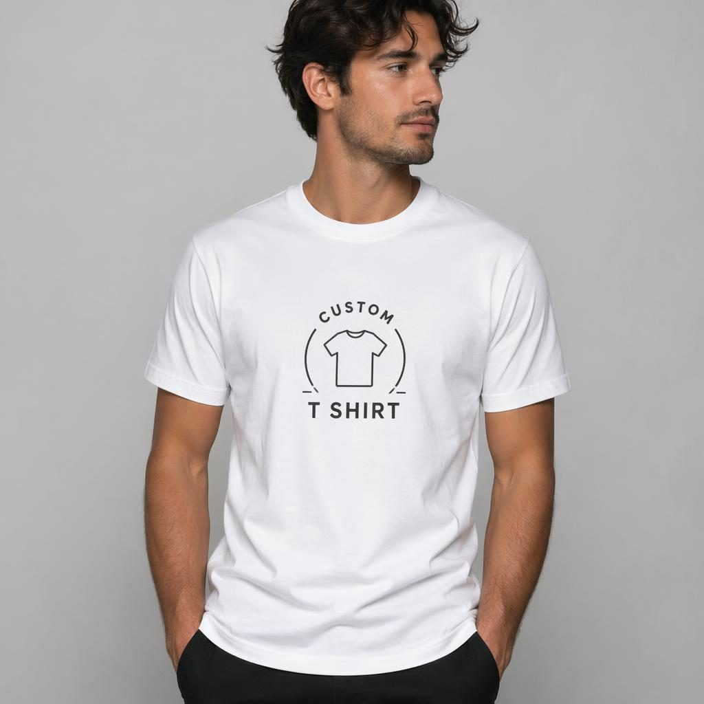 Model wearing a white custom t shirt mockup with a centered generic logo in a clean studio setting