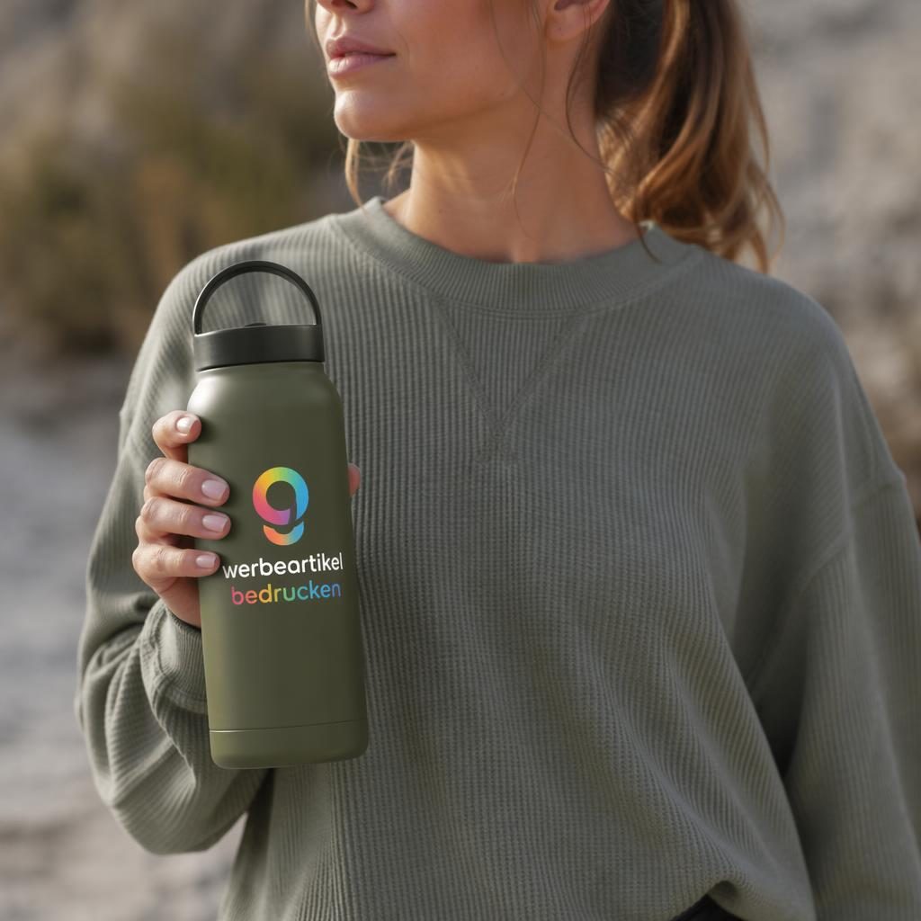 Fotorealistisches Mockup einer olivgrünen Trinkflasche am Model mit bedruckter Hülle und farbigem Verlauf-Logo.