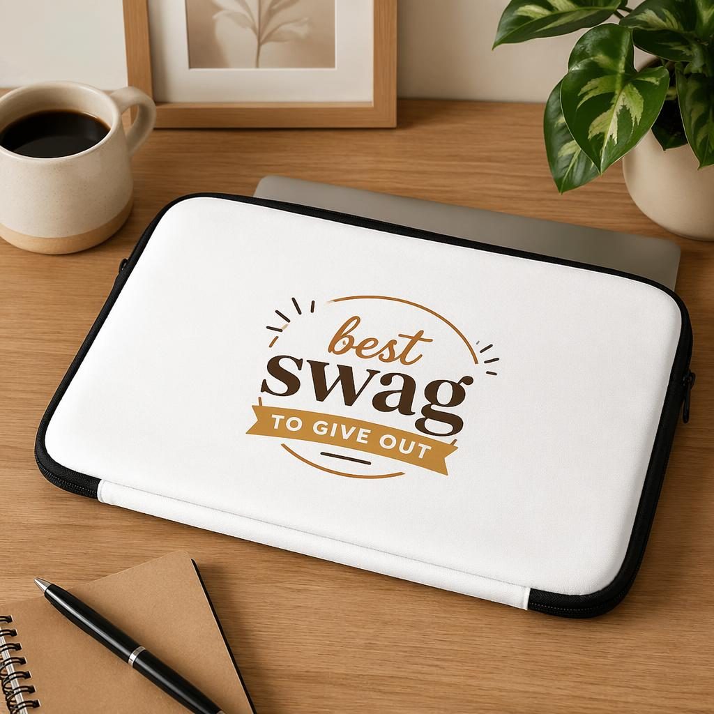 White laptop sleeve mockup on a desk with centered best swag to give out logo in a warm earth-tone palette.