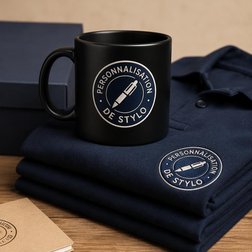 Mockup photo réaliste d’un mug noir en céramique avec logo personnalisation de stylo, style studio net.