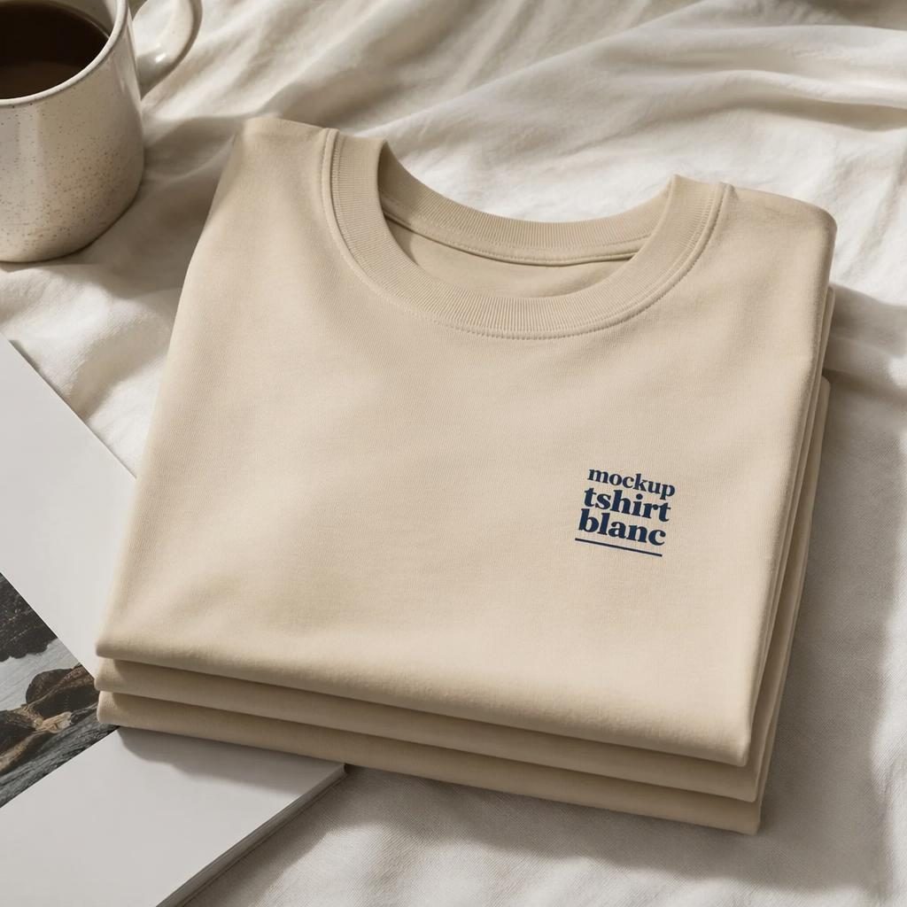 Pile de sweats beiges pliés avec petit logo mockup tshirt blanc sur la poitrine, photo studio nette