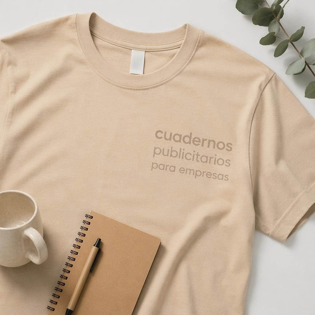 Mockup fotorrealista de camiseta beige arena en flat lay, con logo tipográfico tono sobre tono y estilo de estudio