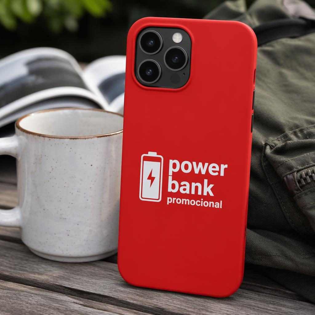Funda de teléfono roja con logo power bank promocional en la parte trasera, foto lifestyle exterior y enfoque nítido.