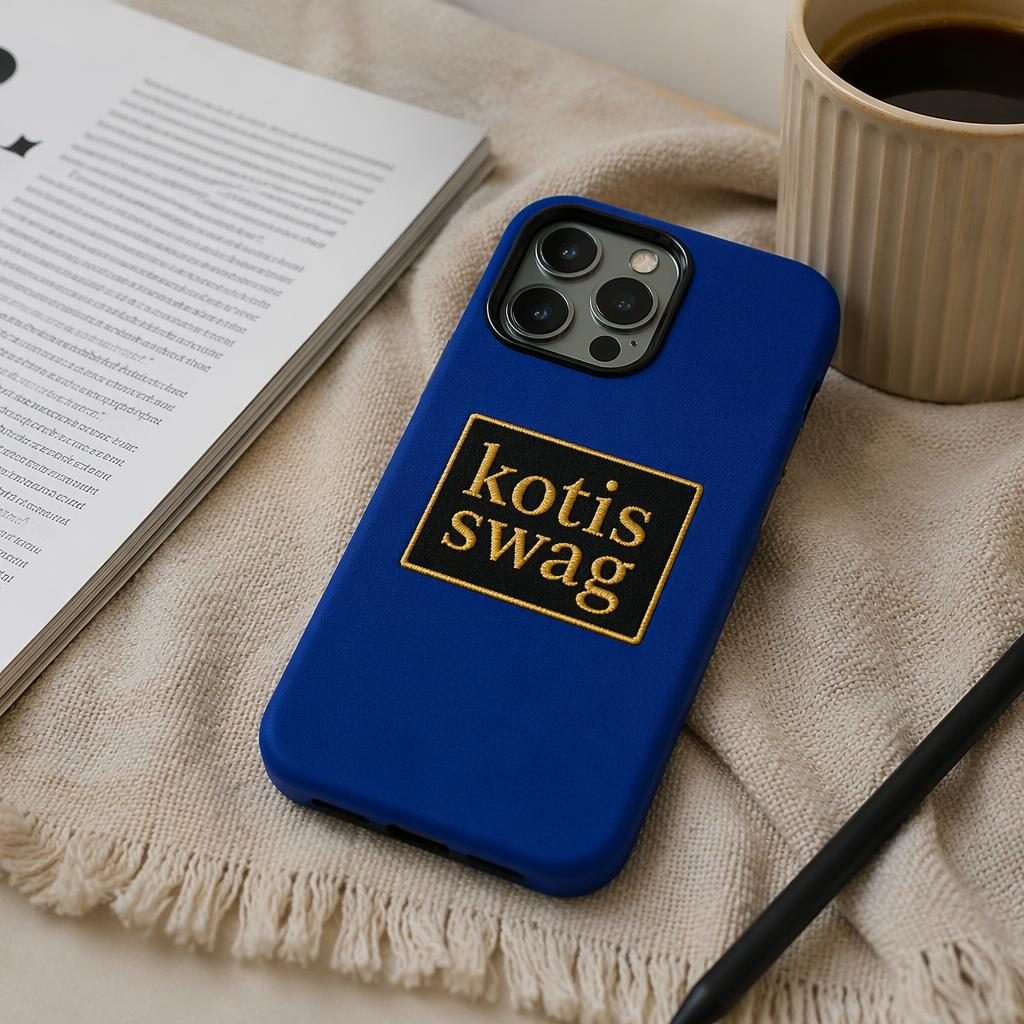Photo-real royal blue phone case mockup with kotis swag embroidered logo in a cozy home luxury black and gold style