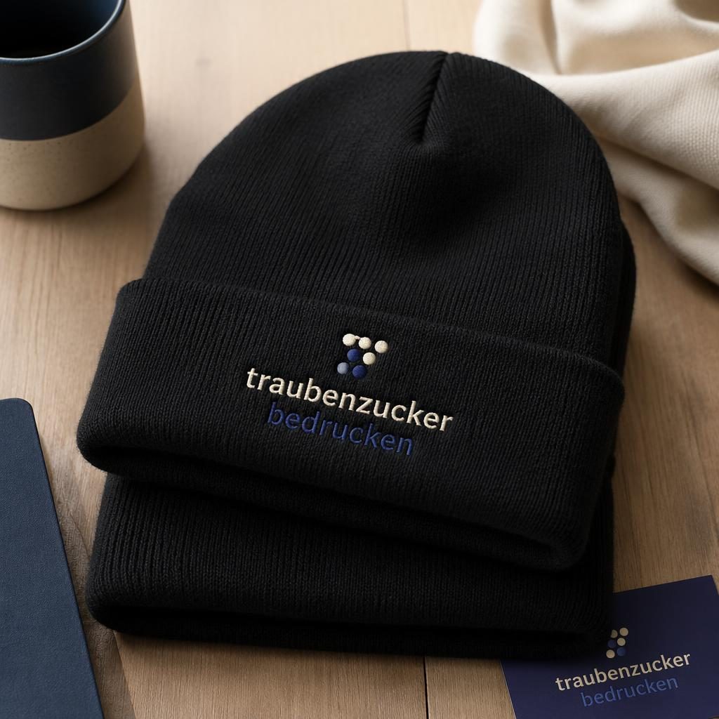 Schwarze Beanie im gefalteten Stapel mit gesticktem traubenzucker bedrucken Logo in Navy und Creme