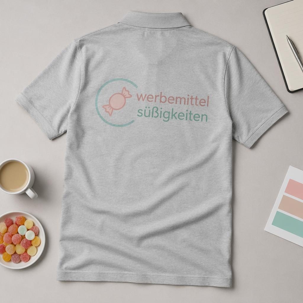 Heather-graues Polo-Shirt als Studio-Flat-Lay mit großem Rückenlogo werbemittel süßigkeiten in weichen Pastelltönen.