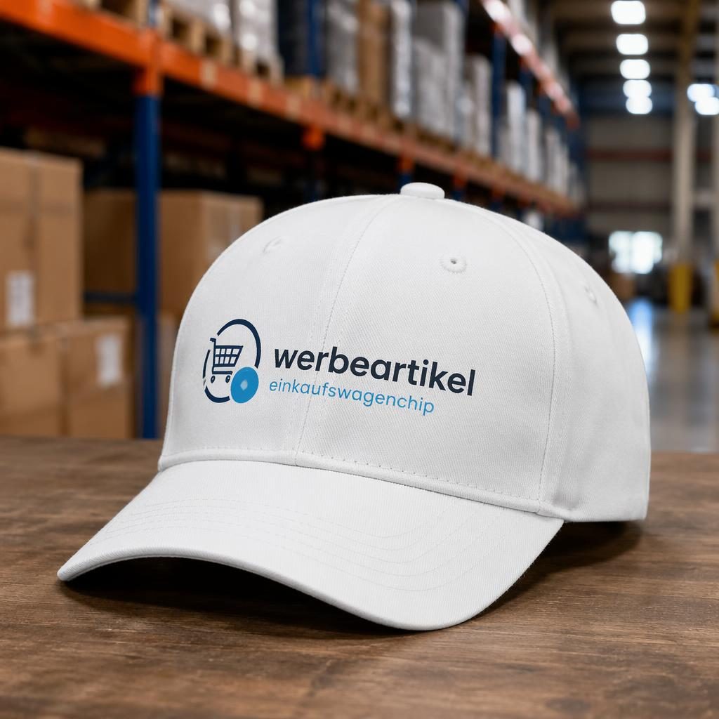 Weiße Cap im Industrie-Setting mit blauem werbeartikel einkaufswagenchip-Logo, scharf und fotorealistisch