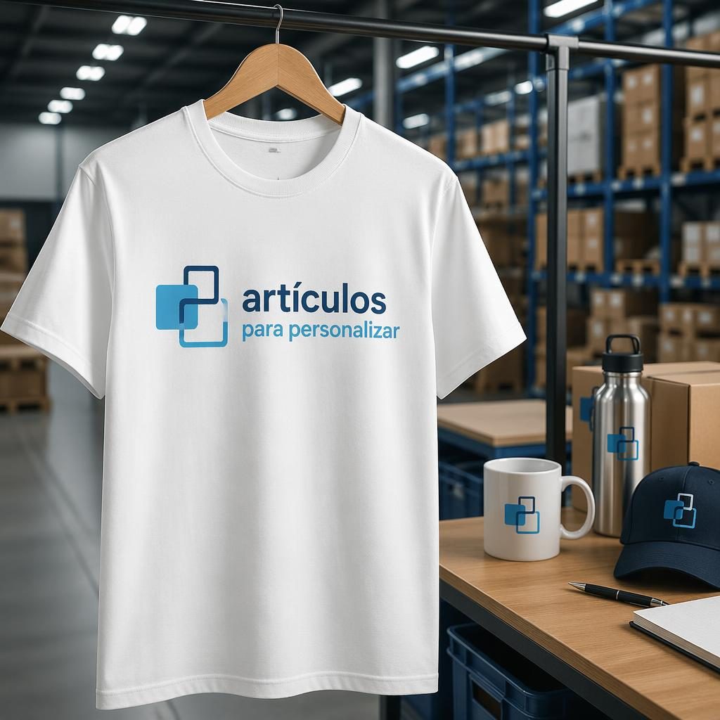 Camiseta blanca con logo genérico centrado, estilo industrial de almacén y tonos azules, foto de estudio realista.