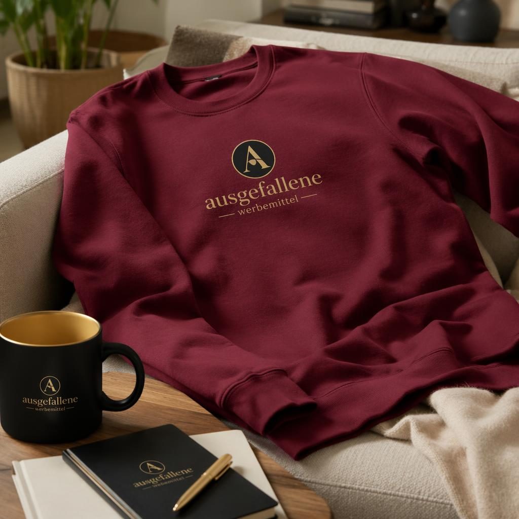 Fotorealistisches Sticker-Pack in Bordeaux im Cozy-Home-Setting mit schwarzer und goldener Logo-Optik, scharf und hochwertig