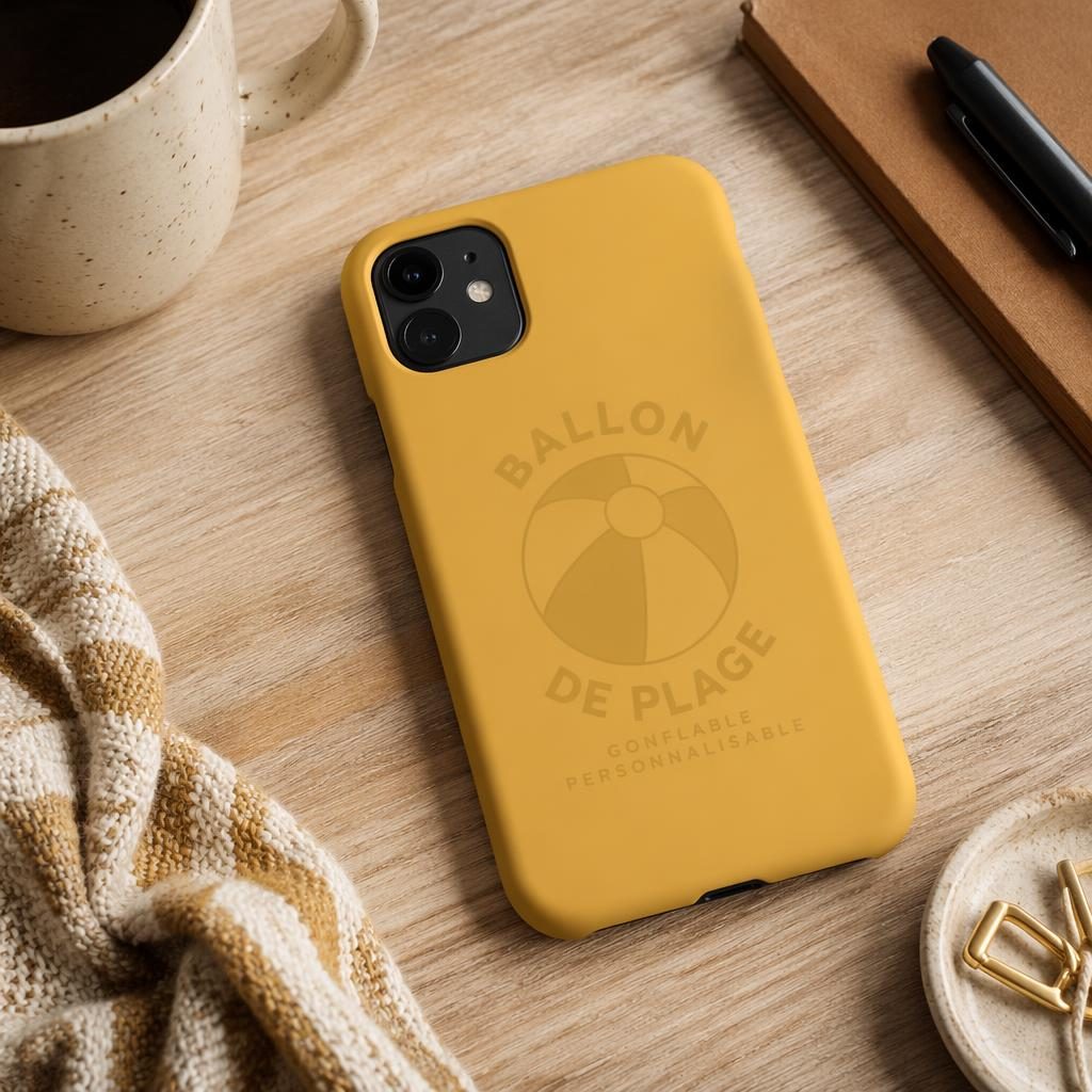 Mockup photo réaliste d’une coque jaune moutarde sur bureau, logo ton sur ton subtil, ambiance lifestyle terre chaude.