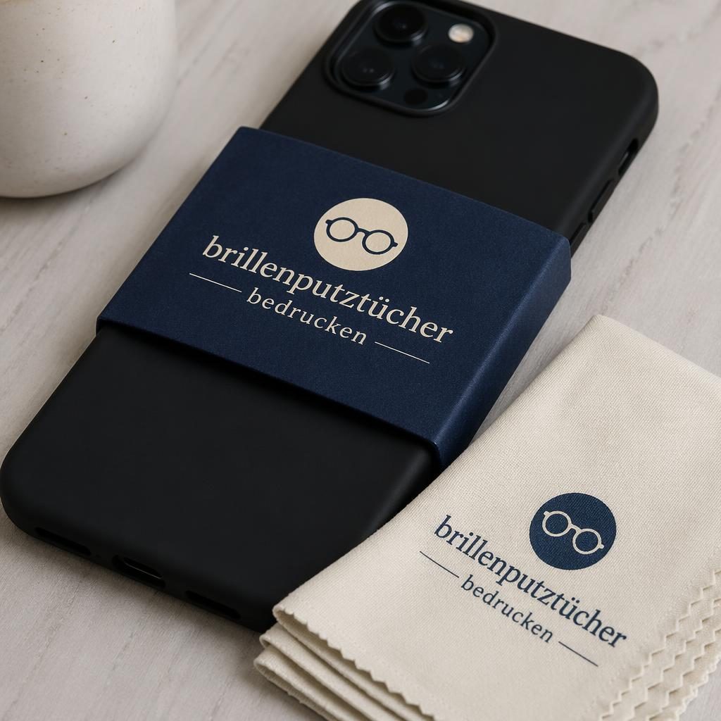 Fotorealistisches Mockup einer schwarzen Handyhülle mit Logo am Sleeve, gefalteter Stack in Navy-Creme im Studio