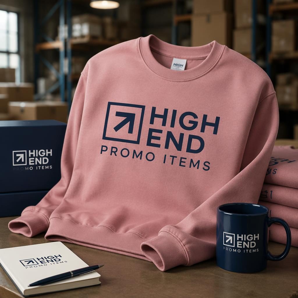 Photoreal dusty pink crewneck mockup with large blue placeholder logo in an industrial warehouse studio setting.